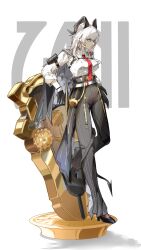 1girl absurdres arm_pouch black_gloves black_horns black_jacket black_pants black_pouch black_shoes breasts character_name chest_harness collared_shirt commentary curled_horns earrings full_body gloves harness high-waist_pants high_heels highres horns jacket jacket_on_shoulders jewelry key_earrings large_breasts leaning_on_object long_hair mole mole_under_eye necktie pants parted_lips red_eyes red_necktie shield shirt shirt_tucked_in shoes solo tight_clothes tight_pants white_background white_hair white_shirt wuthering_waves yul1n812 zani_(wuthering_waves)