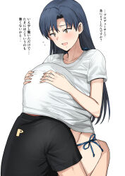 Rule 34 | 1boy, 1girl, black shirt, blue hair, blush, brown eyes, commentary request, flying sweatdrops, head under another&#039;s clothes, highres, hip bones, idolmaster, idolmaster (classic), kisaragi chihaya, long hair, looking down, no pants, open mouth, panties, producer (idolmaster), shirt, short sleeves, side-tie panties, simple background, t-shirt, translation request, tsurui, under another&#039;s clothes, underwear, white background, white shirt