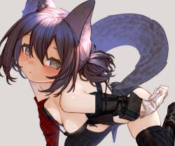 1girl animal_ears arknights bare_shoulders black_hair black_thighhighs breasts brown_eyes cat_ears cat_girl cat_tail hair_between_eyes highres kochiya_(gothope) leotard looking_at_viewer medium_breasts rockrock_(arknights) solo strapless strapless_leotard tail thighhighs watermark watermark_grid