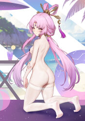 1girl absurdres ass blush bow-shaped_hair closed_mouth commentary_request constellation day feixianji_(hairstyle) forehead_jewel from_side fu_xuan_(honkai:_star_rail) hair_ornament highres honkai:_star_rail honkai_(series) kneeling large_variant_set long_hair looking_to_the_side mountainous_horizon outdoors pasties pink_hair solo tassel tassel_hair_ornament thighhighs topless_female variant_set very_long_hair wet_thighhighs white_thighhighs yellow_eyes yunkaiming