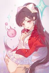 1girl absurdres astra_yao astra_yao_(cosplay) black_hair blush bow breasts cosplay dress earrings frills hair_ornament hair_ribbon hand_on_own_hip highres himemiya_rie jacket jewelry kirin55641 long_hair looking_at_viewer mole mole_under_eye pafu_(himemiya_rie) pearl_earrings phase_connect pink_eyes ponytail red_jacket ribbon smile thigh_beads uneven_bangs virtual_youtuber white_dress zenless_zone_zero