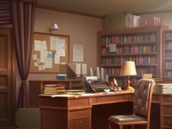 book book_stack bookshelf box bulletin_board chair curtains desk desk_lamp door folder game_cg indoors inkwell lamp no_humans office paper paper_stack pocket_watch quill scenery scroll suitcase third-party_source typewriter uta_no_prince-sama uta_no_prince-sama:_shining_live watch