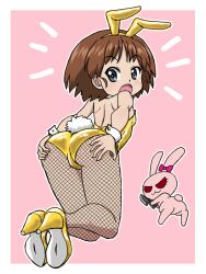 animal_ear_hairband animal_ears ass ass_focus backless_leotard brown_hair fake_animal_ears fishnet_pantyhose fishnets from_behind girls_und_panzer gold_leotard gold_shoes golden_week grey_hair hairband hands_on_own_ass high_heels holding holding_knife kneeling knife leotard mascot open_mouth pantyhose pink_background pink_ribbon playboy_bunny rabbit_ear_hairband rabbit_ears ribbon sakaguchi_karina shoes short_hair simple_background surprised takahashi_kurage