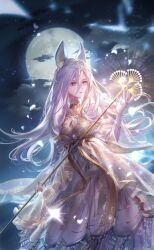 1girl ancient_egyptian_clothes animal_ear_fluff animal_ears artist_request bare_shoulders bow bracelet breasts brown_eyes cape circlet cleavage closed_mouth cloud cowboy_shot dog_ears dress expressionless fake_animal_ears floating_clothes floating_hair full_moon game_cg glowing gold_bracelet gold_necklace grey_hair hair_between_eyes hair_ribbon highres holding holding_staff jewelry layered_dress light_particles lips lolita_fashion long_hair long_hair_between_eyes long_sleeves looking_at_object moon motion_blur necklace night night_sky nikki_(series) official_art outdoors petals pink_lips pleated_dress rest_of_anuwa_(shining_nikki) ribbon shining_nikki short_dress simple_bird sky solo staff standing very_long_hair waist_bow white_cape white_dress wide_sleeves wind yellow_bow yellow_dress yellow_ribbon zoey_(shining_nikki)