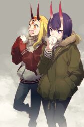 2girls steamed_bun black_pants blonde_hair blue_pants breasts dim_sum eating echo_(circa) eyeliner facial_mark fate/grand_order fate_(series) food forehead forehead_mark fur-trimmed_jacket fur_trim green_jacket hair_pulled_back horns ibaraki_douji_(fate) jacket long_hair long_sleeves looking_to_the_side makeup multiple_girls oni open_mouth pants purple_eyes purple_hair red_sleeves short_eyebrows short_hair shuten_douji_(fate) skin-covered_horns small_breasts smile steam tattoo tongue tongue_out white_jacket yellow_eyes