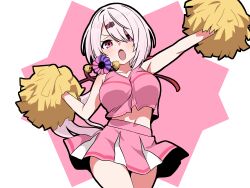 Rule 34 | 1girl, absurdres, bare shoulders, blush, breasts, collarbone, hair between eyes, hair ornament, hair ribbon, hairclip, highres, holding, holding pom poms, large breasts, long hair, looking at viewer, maorisu henkyo haku, navel, nijisanji, open mouth, pink background, pink eyes, pink hair, pink ribbon, pink shirt, pink skirt, pom pom (cheerleading), pom poms, ribbon, shiina yuika, shirt, skirt, thighs, two-tone skirt, virtual youtuber, white background, white skirt