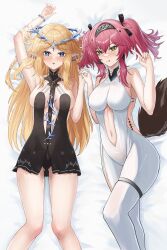 2girls :p alternate_eye_color arm_up armpits ayloss bare_shoulders black_bow black_collar black_dress blue_eyes blush bodysuit bow breasts cartethyia_(wuthering_waves) collar commentary crown_of_thorns dress earrings fingernails from_above green_eyes hair_between_eyes hair_bow hairband hashtag-only_commentary highres holding_hands jewelry long_hair looking_at_viewer lupa_(wuthering_waves) lying medium_breasts metal_hairband multiple_girls multiple_hair_bows navel necklace on_back parted_bangs pink_hair pointy_ears red_pupils sidelocks tacet_mark_(wuthering_waves) tail thighs tongue tongue_out twintails v white_bodysuit wolf_tail wuthering_waves