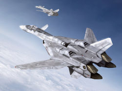 1990s_(style) aircraft airplane cloud flying highres jet macross macross_7 macross_plus mecha no_humans realistic retro_artstyle ringpull robot sky u.n._spacy vehicle_focus vf-19 yf-19