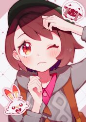 1girl blush brown_bag brown_hair cable_knit cardigan gen_8_pokemon gloria_(pokemon) green_hat grey_cardigan hand_on_own_head hat heart heart_in_eye highres hood hooded_cardigan nintendo pokemon pokemon_(creature) pokemon_swsh scorbunny short_hair symbol_in_eye tam_o&#039;_shanter upper_body wooloo yama_(toaru_puyopuyo)