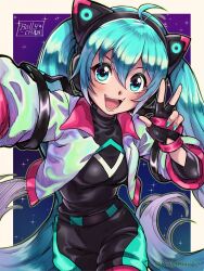1girl animal_ear_headphones animal_ears aqua_eyes aqua_hair biker_clothes bikesuit black_gloves bodysuit cat_ear_headphones cowboy_shot cropped_jacket fake_animal_ears fingerless_gloves gloves hair_between_eyes hatsune_miku headphones jacket long_hair looking_at_viewer open_mouth rollychanart smile solo sonic_(series) sonic_racing:_crossworlds twintails v very_long_hair vocaloid white_jacket
