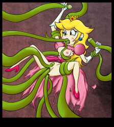 1girl anal blonde_hair blue_eyes breasts breasts_out crown crying crying_with_eyes_open dress earrings gloves helpless high_heels highres jewelry long_hair mario_(series) monkeycheese nintendo nipples oral pink_dress pink_slippers princess princess_peach rape slippers super_mario_bros._1 tears tentacle_sex tentacles torn_clothes vaginal white_gloves