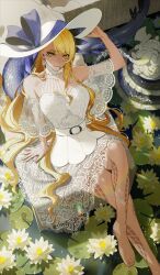 Rule 34 | 1girl, bare shoulders, barefoot, blonde hair, breasts, chin piercing, dark-skinned female, dark skin, dragon girl, dragon horns, dragon tail, dress, face piercing, facial mark, fate/grand order, fate (series), flower, fountain, ganesha (fate), great stone statue god (fate), hat, horns, large breasts, lily (flower), lily pad, long hair, looking at viewer, piercing, semi (p-poco), sitting, smile, solo, statue, sun hat, swept bangs, tail, vritra (fate), water, white dress, white hat, yellow eyes