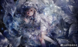 1girl 2020 black_eyes black_footwear black_hair blue_background blue_bow bow braid cheeeee_hanchan chinese_commentary circle_skirt collared_dress commentary_request commission dress expressionless eye_print eyelashes feet_out_of_frame flower frilled_dress frilled_headwear frilled_sleeves frills hair_between_eyes hair_bow hair_over_shoulder hat highres holding holding_stuffed_toy knees leaf light_blush light_particles long_hair long_sleeves lying marking_on_cheek mob_cap multiple_hair_bows on_back original parted_lips petals pink_eyes puffy_long_sleeves puffy_sleeves short_dress silk solo spider_web spider_web_print star_(symbol) stuffed_spider stuffed_toy too_many_watermarks twin_braids watermark weibo_watermark white_dress white_flower white_hat