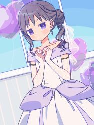 1girl absurdres alternate_hairstyle balloon black_hair day dress elbow_gloves gloves hair_bun heart_balloon highres long_hair mahou_shoujo_madoka_magica purple_eyes ruru_(rurumagi) single_hair_bun solo white_dress window