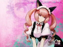 akiha_rumiho animal_ear_hairband animal_ears apron arm_support back_bow black_skirt bow buttons cat_ears collar dress drill_hair fake_animal_ears frilled_collar frilled_dress frilled_hairband frills hair_between_eyes hairband huke long_hair long_skirt looking_to_the_side maid maid_apron maid_headdress mayqueen_maid_uniform official_art parted_lips pink_eyes pink_hair pink_lips puffy_short_sleeves puffy_sleeves red_ribbon ribbon ribbon-trimmed_collar ribbon-trimmed_corset ribbon-trimmed_hairband ribbon-trimmed_sleeves ribbon_trim ringed_eyes science_adventure shiny_lips short_sleeves skirt square_pupils steins;gate teeth tsurime twin_drills twintails v_arms white_apron white_bow white_dress wrist_cuffs