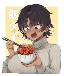 Rule 34 | 1girl, black eyes, black nails, blush, bon (vtuber), bowl, breasts, chopsticks, donburi, drooling, ear piercing, earrings, fang, fish skeleton hair ornament, food, grey sweater, gurenola, holding, holding bowl, holding chopsticks, indie virtual youtuber, jewelry, meat, motion lines, mouth drool, multicolored hair, piercing, pink hair, ribbed sweater, short hair, solo, streaked hair, sweater, virtual youtuber