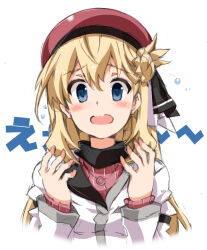 Rule 34 | 1girl, agnes claudel, arms up, beret, blonde hair, blue eyes, blush, bun with braided base, commentary request, double-parted bangs, eiyuu densetsu, hair bun, hat, jacket, kuro no kiseki (series), kuro no kiseki i, open mouth, raised eyebrows, red hat, red sweater, single side bun, solo, sweater, train 90, white jacket, yellow background