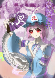 1girl absurdres arm_up artist_request blue_hat blue_kimono center_frills closed_mouth frilled_shirt_collar frilled_sleeves frills hand_fan hand_up hat highres holding holding_fan japanese_clothes kimono long_sleeves mob_cap neck_ribbon non-web_source pink_hair pink_ribbon red_eyes ribbon saigyouji_yuyuko short_hair smile solo source_request touhou triangular_headpiece upper_body wide_sleeves