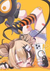 Rule 34 | !?, 1girl, absurdres, ahoge, bandaid, bandaid on knee, bandaid on leg, black gloves, black hair, black shoes, blue shorts, blush, brown hair, cellphone, doom yorusen, double bun, fingerless gloves, gigi murin, gloves, hair bun, highres, holding, holding phone, hololive, hololive english, kneehighs, looking at phone, lying, multicolored hair, on stomach, one eye closed, open mouth, orange background, orange nails, panties, phone, pink eyes, shoe soles, shoes, short shorts, shorts, simple background, smartphone, sneakers, socks, solo, striped clothes, striped panties, striped socks, two-tone hair, underwear, virtual youtuber, yawning