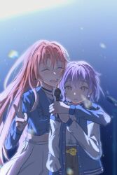 2girls bang_dream! bang_dream!_it&#039;s_mygo!!!!! black_choker chihaya_anon choker chromatic_aberration highres holding holding_microphone hug hug_from_behind long_hair looking_at_viewer microphone multiple_girls mygo!!!!!_(bang_dream!) short_hair simple_background takamatsu_tomori upper_body
