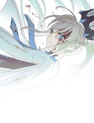 1girl blood blood_on_face blue_eyes bobi braid crown fate/grand_order fate_(series) hair_between_eyes half_up_braid highres long_hair long_sleeves looking_at_viewer morgan_le_fay_(fate) morgan_le_fay_(queen_of_winter)_(fate) simple_background solo very_long_hair white_background white_hair