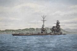 absurdres atelier_bono battleship highres hyuuga_(battleship) imperial_japanese_navy military_vehicle mountain ocean original painting_(medium) port ruins rust ship shipwreck sky sun_glare traditional_media warship watercolor_(medium) watercraft world_war_ii