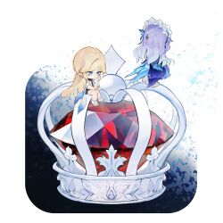 2girls black_dress blonde_hair blue_eyes cantarella_(wuthering_waves) cartethyia_(wuthering_waves) chibi chibi_only chinese_commentary commentary_request crown dress earrings gem headdress highres huqu_(huqu45712) jewelry long_hair multiple_girls pointy_ears purple_hair red_gemstone sitting tabard very_long_hair white_tabard wuthering_waves