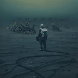 alien apartment ashes backpack bag building cable dilapidated grey_theme highres outdoors ruins science_fiction simon_stalenhag the_labyrinth
