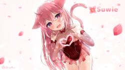 1girl :3 :d absurdres animal_ears bare_shoulders blush bow bowtie cat_ears cat_girl cat_tail character_name choker covered_navel cowboy_shot crossed_bangs falling_petals fang frilled_leotard frills gloves hair_ornament hairclip halter_leotard halterneck heart heart_hands highres indie_virtual_youtuber leaning leaning_forward leotard long_hair looking_at_viewer open_mouth petals pink_eyes pink_hair pink_skirt pink_tail pink_theme red_bow red_bowtie red_choker red_leotard see-through_clothes see-through_gloves skin_fang skirt skirt_under_leotard slimymana smile sparkle sparkling_aura suwie_(vtuber) tail very_long_hair virtual_youtuber white_background