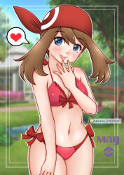1girl absurdres bikini blue_eyes blush bow bow_bikini breasts brown_hair building bush cleavage collarbone grass grin hand_on_own_thigh hand_to_own_mouth headscarf heart highres lace lace-trimmed_bikini lace_trim long_hair looking_at_viewer may_(pokemon) medium_breasts misune_art navel nintendo poke_ball_print poke_ball_symbol pokemon pokemon_rse print_headwear red_bikini red_bow red_headscarf river smile speech_bubble spoken_heart standing swimsuit teeth tree water