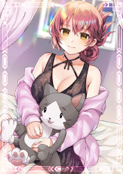 1girl 2021 absurdres alternate_costume bare_shoulders bed bed_sheet black_pajamas blush border breasts cleavage closed_mouth collarbone commentary_request commission cowboy_shot criss-cross_halter dated_commentary eiyuu_densetsu floral_print folded_ponytail hair_between_eyes hair_bun halterneck highres holding holding_stuffed_toy indoors large_breasts lingerie long_sleeves looking_at_viewer loose_clothes medium_hair mishy on_bed pajamas pink_border pink_hair rose_print sara_valestein sen_no_kiseki_(series) sen_no_kiseki_i sitting skeb_commission smile solo stuffed_toy underwear window yam_(yamap_mako) yellow_eyes