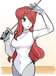 Rule 34 | 1girl, arm up, ayaanalien02, breasts, covered navel, cowboy shot, fencing, fencing suit, gloves, indoors, large breasts, long hair, official alternate costume, parasoul (skullgirls), red hair, skullgirls, solo, sword, weapon, yellow background, yellow eyes