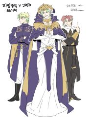 3boys battle_tendency blonde_hair caesar_anthonio_zeppeli cape cosplay dio_brando dress facial_mark fangs fire_emblem fire_emblem:_three_houses flayn_(fire_emblem) flayn_(fire_emblem)_(cosplay) garreg_mach_monastery_uniform green_eyes green_hair hakmonss headdress jewelry jojo_no_kimyou_na_bouken jojo_pose kakyoin_noriaki korean_text multicolored_hair multiple_boys necklace nintendo own_hands_clasped own_hands_together phantom_blood red_hair rhea_(fire_emblem) rhea_(fire_emblem)_(cosplay) seteth_(fire_emblem) seteth_(fire_emblem)_(cosplay) stardust_crusaders translation_request two-tone_hair white_dress
