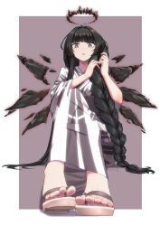 Rule 34 | 1girl, arknights, black eyes, black hair, braid, detached wings, feet, foot focus, full body, halo, highres, holding, holding own hair, japanese clothes, kimono, long hair, sandals, sitting, solo, very long hair, virtuosa (arknights), wings, yamauchi (conan-comy), yukata