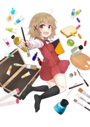 1girl :d black_socks blush bolo_tie bottle bread brown_eyes brown_hair case colis_(regunm772) collared_shirt female_focus food from_side full_body hair_between_eyes hair_ornament hidamari_sketch highres holding holding_paintbrush inkwell kneehighs legs_up long_sleeves looking_at_viewer no_shoes open_mouth outstretched_arm paint paintbrush paint_palette pastel_(game) pen pencil pleated_skirt red_skirt red_vest school_uniform shirt sketchbook skirt smile socks solo vest white_shirt wing_collar x_hair_ornament yuno_(hidamari_sketch)