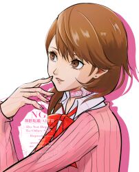 1girl bow bowtie brown_eyes brown_hair cardigan choker collared_shirt commentary_request drop_shadow earrings gekkoukan_high_school_uniform glint jewelry lips long_sleeves loose_bowtie parted_lips partial_commentary persona persona_3 pink_cardigan pink_lips red_bow red_bowtie ribbed_cardigan school_uniform shirt short_hair simple_background snow_(ffgf7255) solo stud_earrings takeba_yukari twitter_username upper_body white_background white_choker white_shirt