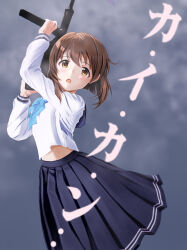 1girl absurdres aiming_up blue_bow blue_bowtie blue_skirt blush bow bowtie brown_eyes brown_hair commentary cowboy_shot gun hagiwara_yukiho highres holding holding_gun holding_weapon idolmaster idolmaster_(classic) long_sleeves looking_to_the_side m3_submachine_gun midriff_peek open_mouth parody pleated_skirt school_uniform seibunchou_(kxvs8474) serafuku serafuku_to_kikanjuu shirt short_hair skirt solo standing submachine_gun weapon white_shirt