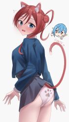 1girl absurdres animal_ears ass back-print_panties blue_eyes cat_day cat_ears highres looking_at_viewer love_live! love_live!_superstar!! open_mouth panties print_panties red_hair rikka006 solo underwear yoneme_mei