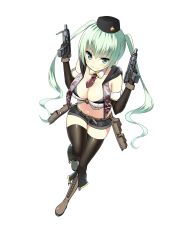 1girl aqua_eyes aqua_hair belt between_breasts black_gloves black_thighhighs blush boots breasts cleavage cleavage_cutout clothing_cutout detached_sleeves dual_wielding eyebrows female_focus finger_on_trigger full_body girls&#039;_frontline gloves gun hair_between_eyes hat highres holding holding_gun holding_weapon holster large_breasts leaning_forward leg_up long_sleeves long_twintails looking_at_viewer machine_pistol micro_uzi micro_uzi_(girls&#039;_frontline) midriff navel necktie necktie_between_breasts official_art personification short_shorts shorts sky-freedom smile solo submachine_gun thighhighs transparent_background twintails uzi weapon