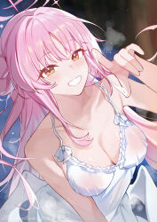 1girl absurdres artist_name blue_archive breasts camisole cleavage commentary_request cum cum_on_body cum_on_hands hair_bun halo highres large_breasts long_hair looking_at_viewer low_wings mika_(blue_archive) no_bra pink_hair pink_halo pointing pointing_at_viewer single_side_bun sleepwear smile solo very_long_hair white_camisole white_wings wings yellow_eyes yume-dream