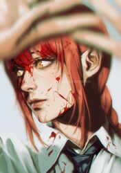 1girl black_necktie blood blood_on_clothes blood_on_face blurry blurry_foreground braid braided_ponytail chainsaw_man collared_shirt highres looking_to_the_side makima_(chainsaw_man) medium_hair necktie red_hair ringed_eyes shirt simple_background solo spykeee twitter_username white_background white_shirt yellow_eyes