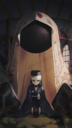 1girl black_eyes cup darkness disembodied_hand fate/grand_order fate_(series) giant_hand grey_hair hat highres hiiragi_(karashriker) japanese_clothes kimono monster seiza sen_no_rikyu_(fate) sen_no_rikyu_(second_ascension)_(fate) sitting smile steam window yunomi