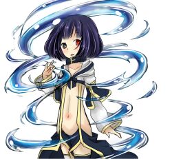 Rule 34 | 1girl, belt, belt collar, black belt, black eyes, black pants, blush, collar, commentary request, cowboy shot, crop top, flat chest, front slit, hydrokinesis, looking at viewer, meiko (nattu303), navel, open mouth, pants, purple hair, ragnarok online, red eyes, shirt, simple background, solo, suspenders, warlock (ragnarok online), water, white background, white shirt