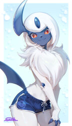 1girl :3 absol animal_hands animal_nose artist_name blue_background blue_horns blue_shorts blue_skin body_fur border bright_pupils chromatic_aberration closed_mouth colored_skin cowboy_shot dolphin_shorts drawstring female_focus furry furry_female gen_3_pokemon hands_on_own_thighs happy head_tilt horns long_hair looking_at_viewer navel neck_fur nintendo outside_border personification pocket pokemon pokemon_(creature) red_eyes short_shorts shorts side_slit side_slit_shorts sidelocks signature single_horn smile solo standing suahh white_border white_fur white_hair white_pupils white_trim