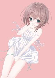 Rule 34 | 1girl, = hair ornament, alternate costume, bare shoulders, blush, breasts, c22vt1myjpljbnn, collarbone, commentary request, covering crotch, covering own mouth, covering privates, dress, dress tug, embarrassed, eyelashes, feet out of frame, green eyes, green panties, hair ornament, hairclip, hand up, highres, looking at viewer, lying, mamiya hasaki, medium hair, on back, panties, pink background, short dress, side-tie panties, simple background, sleeveless, sleeveless dress, small breasts, solo, spaghetti strap, straight hair, strap slip, subarashiki hibi, sundress, underwear, untied panties, white dress