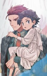 2boys :o alternate_costume bad_id bad_pixiv_id black_hair blue_eyes buttons carrying closed_mouth coat coat_on_shoulders collared_shirt commentary_request creatures_(company) ethan_(pokemon) game_freak highres jacket lance_(pokemon) lens_flare long_sleeves looking_at_viewer male_focus multiple_boys necktie nintendo open_mouth orange_neckwear pants pokemon pokemon_hgss rain red_hair shirt shoes short_hair spiked_hair tongue xichii