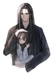Rule 34 | 2boys, black eyes, black hair, black hanfu, carrying, carrying person, chinese clothes, closed eyes, crossed bangs, curtained hair, double-parted bangs, expressionless, hand on another&#039;s chest, hanfu, highres, hong lu (project moon), jia qiu (project moon), limbus company, looking at another, male focus, multiple boys, project moon, ranyo0680, robe, scar, scar on face, seiza, sitting, sitting on hand, upper body, white background, white robe