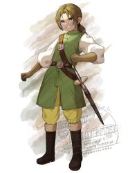 Rule 34 | 1boy, androgynous, aqua eyes, artist name, belt, belt buckle, boots, brown belt, brown boots, brown gloves, brown hair, buckle, clenched hands, clenched teeth, commentary request, dragon quest, dragon quest x, full body, gloves, green tunic, highres, looking up, low ponytail, male focus, nikon (user aznh7528), pants, parted hair, ponytail, rapier, sheath, sheathed, shirt, sleeveless tunic, solo, sweatdrop, sword, teeth, touma (dq10), tunic, weapon, white background, white shirt, yellow pants