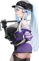 1girl absurdres baseball_cap baton_(weapon) black_gloves black_hat black_thighhighs blunt_bangs blush breasts commentary covered_erect_nipples from_side girls&#039;_frontline girls&#039;_frontline_2:_exilium gloves goggles goggles_on_headwear green_eyes grey_hair hat highres hk416_(girls&#039;_frontline) holding_baton_(weapon) jacket klukai_(girls&#039;_frontline_2) large_breasts lelex long_hair looking_at_viewer off_shoulder ponytail purple_jacket solo standing tattoo teardrop_tattoo thighhighs thighs very_long_hair weapon