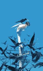 1boy animal barefoot bent_over bird bird_on_back black_hair blue_background blue_sky blue_theme clear_sky covered_face crow dated day english_text facing_down falling_feathers feathered_wings feathers from_side full_body hand_in_pocket hands_in_pockets highres jacket leaning_forward long_sleeves male_focus on_top_of_pole open_clothes open_jacket original outdoors pants parted_bangs power_lines rido_(ridograph) shirt short_hair sidelocks signature simple_background sky solo standing utility_pole white_jacket white_pants white_shirt wide_shot wind wings
